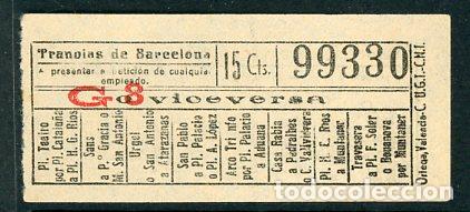 Sammeln von Fahrkarten: F20/3 - BILLETE DE TRANVIAS DE BARCELONA // ORTEGA - UGT-CNT // SEIS9