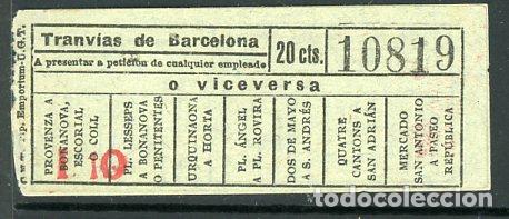 Collectionnisme Billets de transport: F20/3 - BILLETE DE TRANVIAS DE BARCELONA // CNT - EMPORIUN - UGT // SEIS11