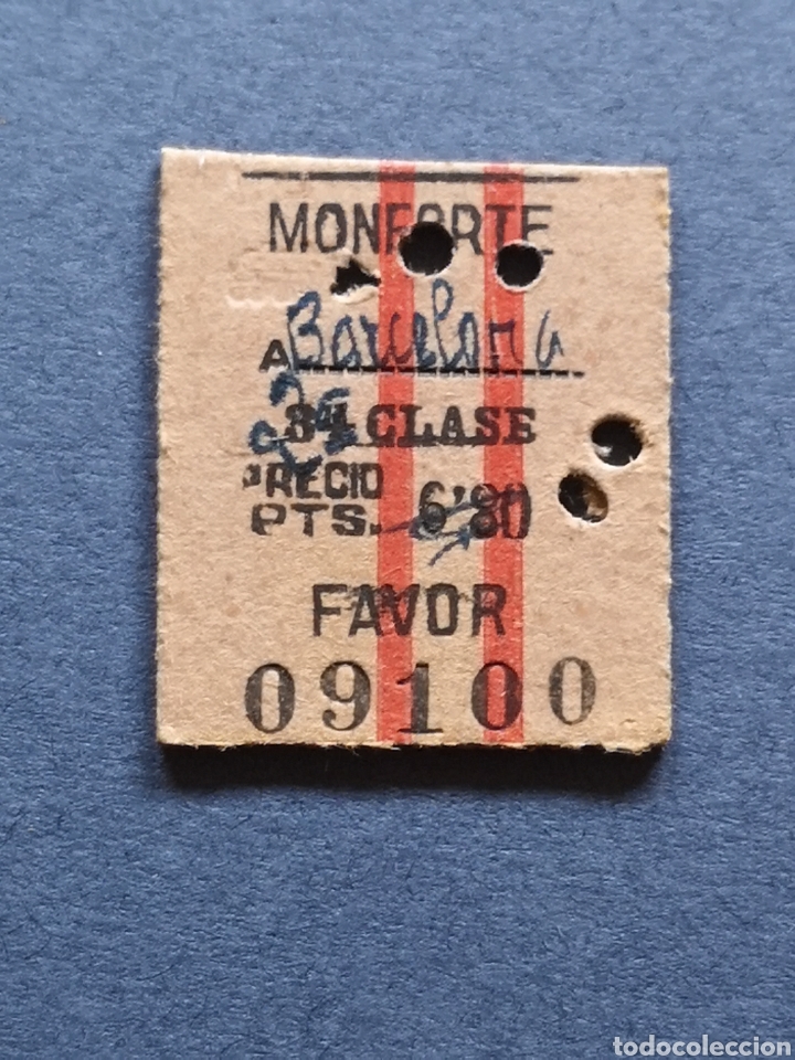 Collectables Transport Tickets: FERROCARRIL. BILLETE DE TREN DE MONFORTE A BARCELONA. FAVOR. A&Ntilde;OS 50