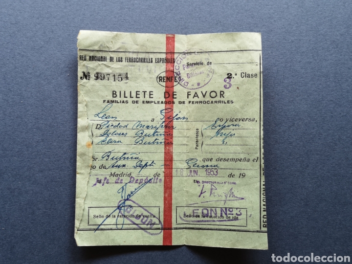 Sammeln von Fahrkarten: FERROCARRIL. BILLETE DE FAVOR. GIJON A LEON. 1953.TREN