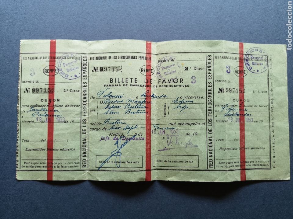 Sammeln von Fahrkarten: FERROCARRIL. BILLETE DE FAVOR DE PALENCIA A SANTANDER. SIN UTILIZAR. 1953.TREN