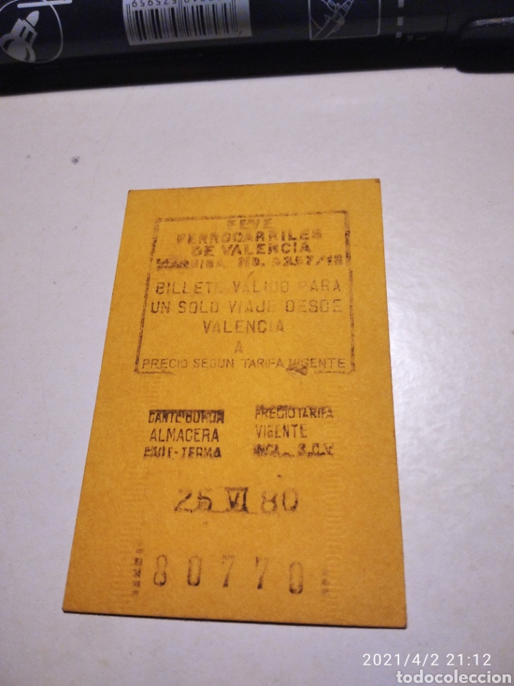 Collectionnisme Billets de transport: Tiket Ferrocarriles de Valencia 1980