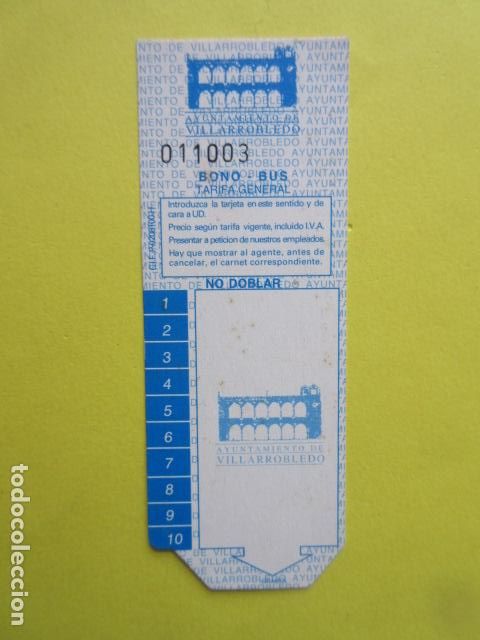 Sammeln von Fahrkarten: TARJETA RESISTIVA BONO BUS BONOBUS - SIN USAR - VILLARROBLEDO ALBACETE TARIFA GENERAL