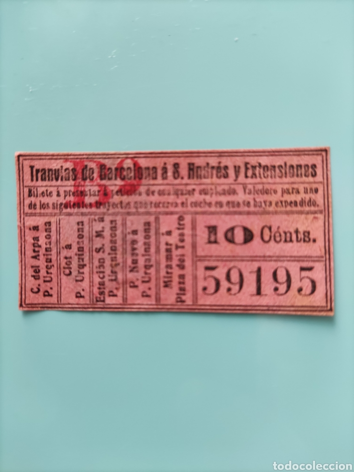 Collectionnisme Billets de transport: Billete Antiguo.TRANV&Iacute;AS DE BARCELONA &aacute; S. Andr&eacute;s y Extensiones.10C&eacute;nts.Capic&uacute;a 59195