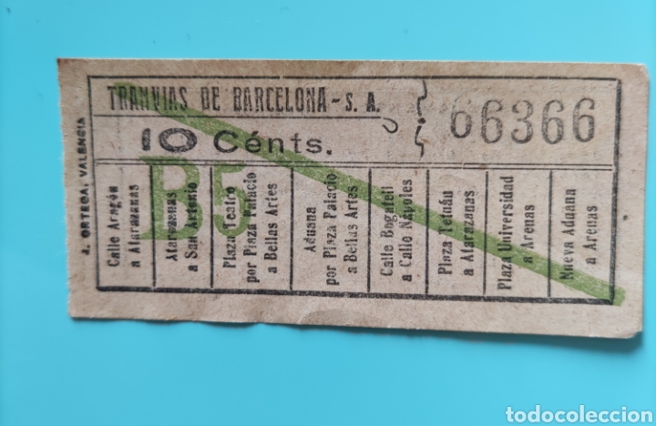 Collectionnisme Billets de transport: Billete TRANV&Iacute;AS DE BARCELONA.Capic&uacute;a.66366.Ortega. 10 C&eacute;nts