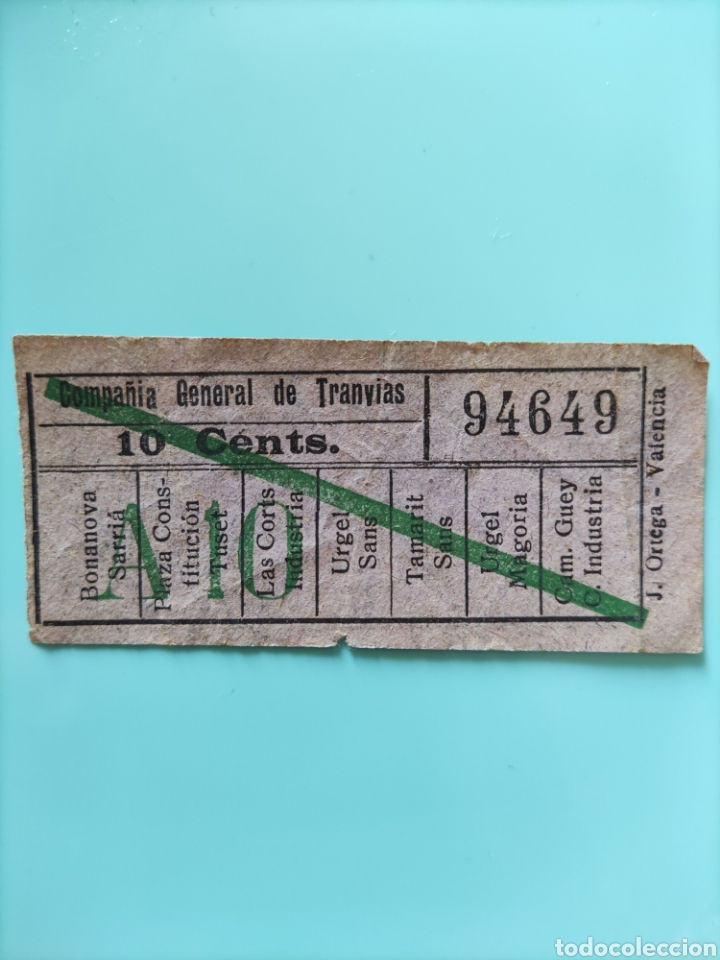 Collectionnisme Billets de transport: Billete COMPA&Ntilde;&Iacute;A GENERAL DE TRANV&Iacute;AS. Capic&uacute;a. 94649.ORTEGA. 10 C&Eacute;NTS.
