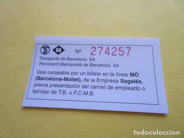 Collectables Transport Tickets: VALE CANJEABLE POR BILLETE LINEA MO BARCELONA MOLLET SAGALES METRO Y TMB BARCELONA