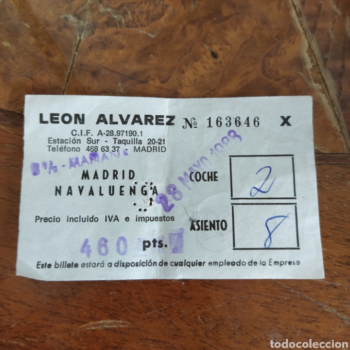 Collectionnisme Billets de transport: Billete ticket autob&uacute;s Le&oacute;n &Aacute;lvarez Madrid Navaluenga 1988