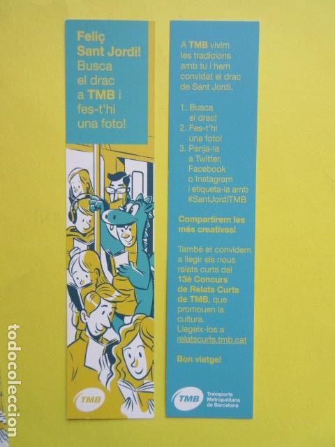 Collectionnisme Billets de transport: MARCAPAGINAS PUNTO LIBRO TMB SANT JORDI - COLECCION TRANSPORTE