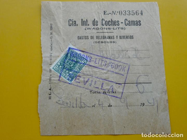 Collectionnisme Billets de transport: ANTIGUO BILLETE.FERROCARRILES.CIA INT.COCHES-CAMAS.WAGONS-LITS.COOK. SEVILLA 1941