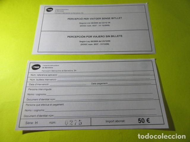 Colecionismos Bilhetes de Transporte: PERCEPCION POR VIAJAR SIN BILLETE MULTA 50 &euro; METRO BARCELONA