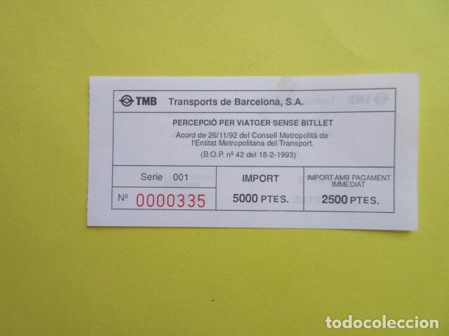 Collectables Transport Tickets: PERCEPCION POR VIAJAR SIN BILLETE MULTA 2500 5000 PESETAS AUTOBUS DE BARCELONA