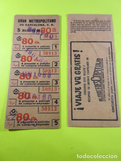Sammeln von Fahrkarten: ANTIGUO TARJETA GRAN METRO METROPOLITANO BARCELONA 5 BILLETES 80 CTS. PUBLICIDAD ALMACENES CAPITOLIO