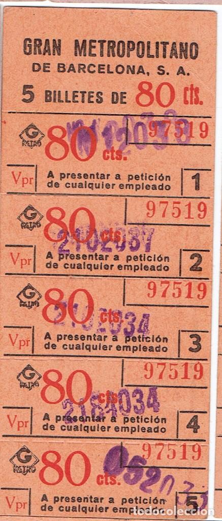 Coleccionismo Billetes de transporte: BONO BILLETE 5 UNIDADES DE 80 CTS GRAN METROPOLITANO DE BARCEONA.PUBLICIDAD ALMACENES CAPITOLIO.