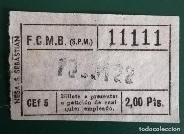 Colecionismos Bilhetes de Transporte: SAN SEBASTIAN, BILLETE F.C.M.B., CEF 5, (2,00 PTS) PAPEL FINO. CURIOSO CAPIC&Uacute;A.