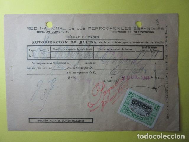 Colecionismos Bilhetes de Transporte: REF-CS-001 - 1944 SELLO 25 CENTIMOS HUERFANOS FERROVIARIOS - RED NACIONAL FERROCARRILES SALIDA EXPED