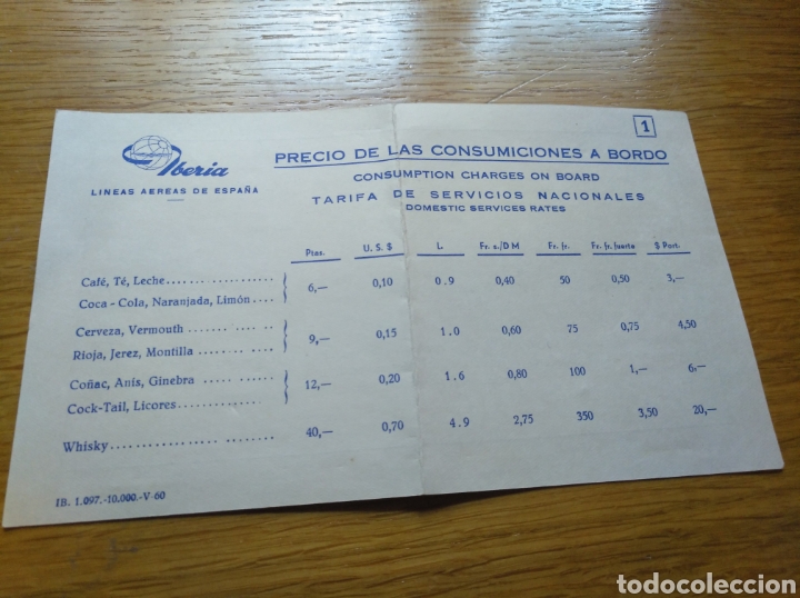 Sammeln von Fahrkarten: Tarifas de las consumiciones a bordo de Iberia. A&ntilde;o 1960