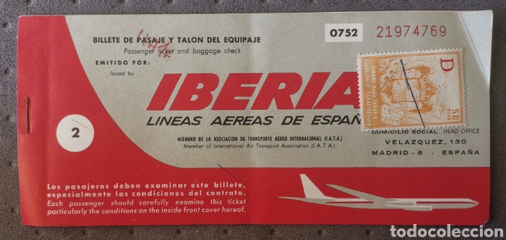 Collectionnisme Billets de transport: Billete de Pasaje y Tal&oacute;n de Equipaje IBERIA L&iacute;neas A&eacute;reas de Espa&ntilde;a - Madrid 1969