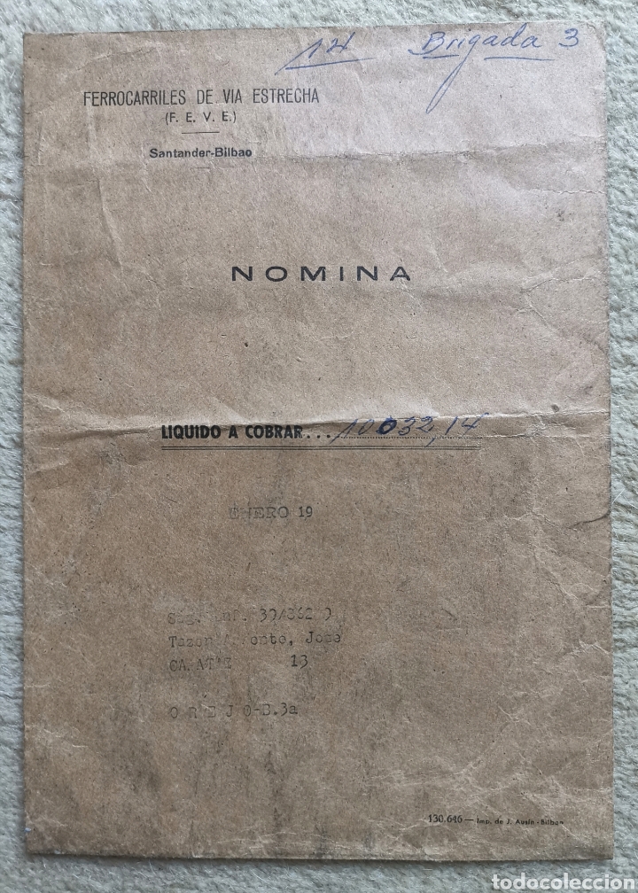Colecionismos Bilhetes de Transporte: Sobre N&oacute;mina Ferrocarril de V&iacute;a Estrecha FEVE Santander-Bilbao - Tren - A&ntilde;os 60