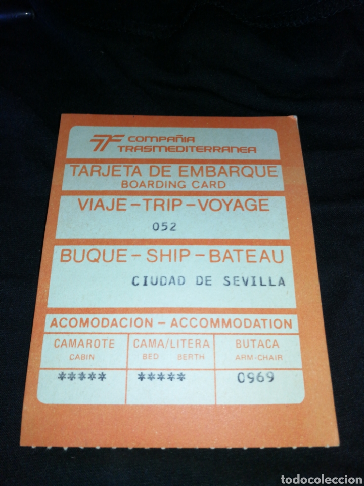 Sammeln von Fahrkarten: TRANSMEDITERRANEA, TARJETA EMBARQUE, A&Ntilde;OS 70,BUQUE &rdquo;CIUDAD DE SEVILLA&rdquo;
