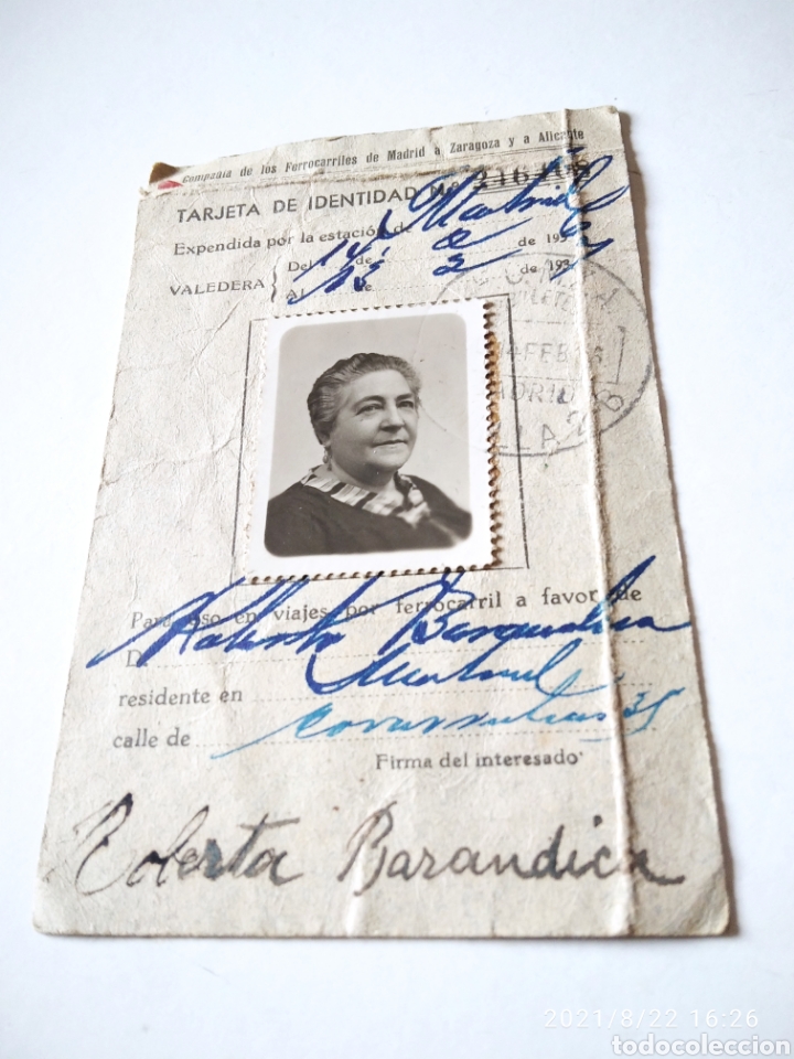 Sammeln von Fahrkarten: Compa&ntilde;ia de los ferrocarriles de Madrid a Zaragoza y a Alicante, tarjeta identidad 1936-37 Roberta B