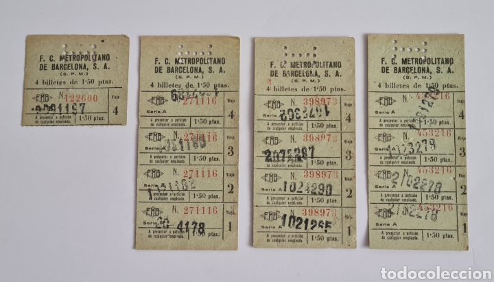 Sammeln von Fahrkarten: 4 Billetes Ferrocarril Metropolitano de Barcelona FMB publicidad Almacenes Capitolio - Metro Tube