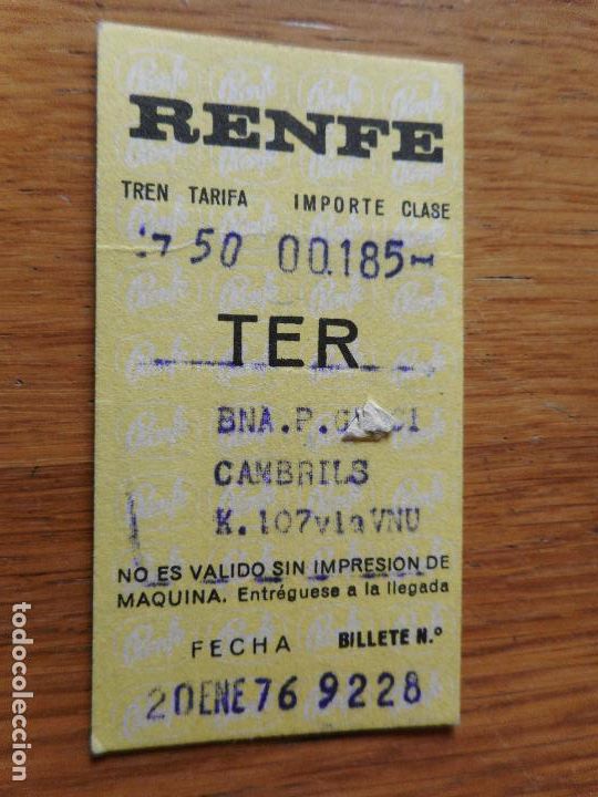 Sammeln von Fahrkarten: ANTIGUO BILLETE.TREN.FERROCARRIL.RENFE.BARCELONA-CAMBRILS 1976