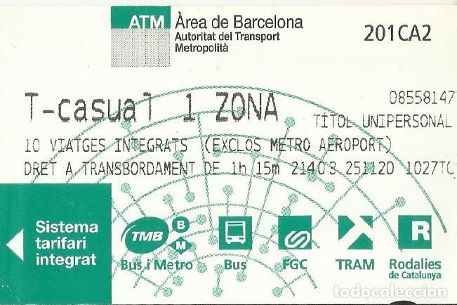 Colecionismos Bilhetes de Transporte: ATM. T-casual. 1 zona. 2020. Barcelona. Transport Metropolit&agrave;. 5,5x8,5 cm. 10 viatges.