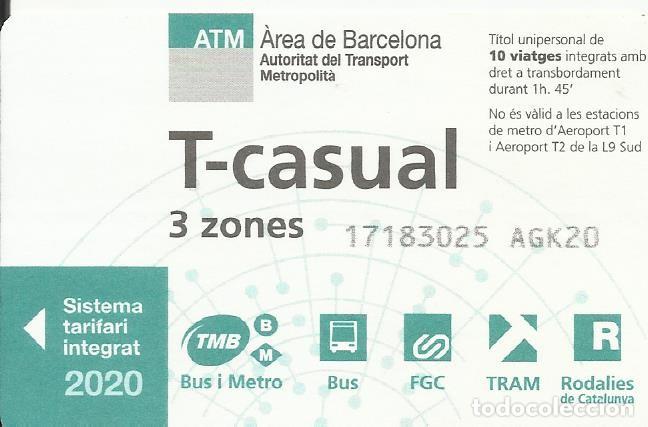 Colecionismos Bilhetes de Transporte: ATM. T-casual. 3 zones. 2020. Barcelona. Transport Metropolit&agrave;. 5,5x8,5 cm. 10 viatges.