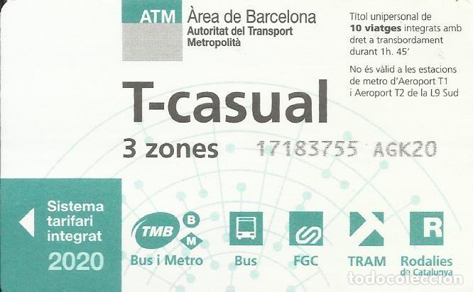 Colecionismos Bilhetes de Transporte: ATM. T-casual. 3 zones. 2020. Barcelona. Transport Metropolit&agrave;. 5,5x8,5 cm. 10 viatges.