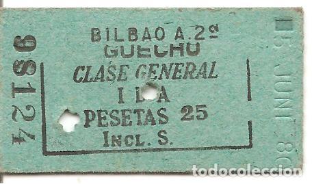 Coleccionismo Billetes de transporte: BILLETE DE TRANSPORTE, FERROCARRIL, EDMONDSON, BILBAO A. 2&ordf;--GUECHO, CLASE GENERAL, A&Ntilde;OS 70/80