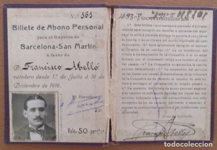 BILLETE ABONO PERSONAL TRANVIAS BARCELONA S.A.SAN MARTIN AÑO 1916 CON FOTO (Coleccionismo - Billetes de Transporte)