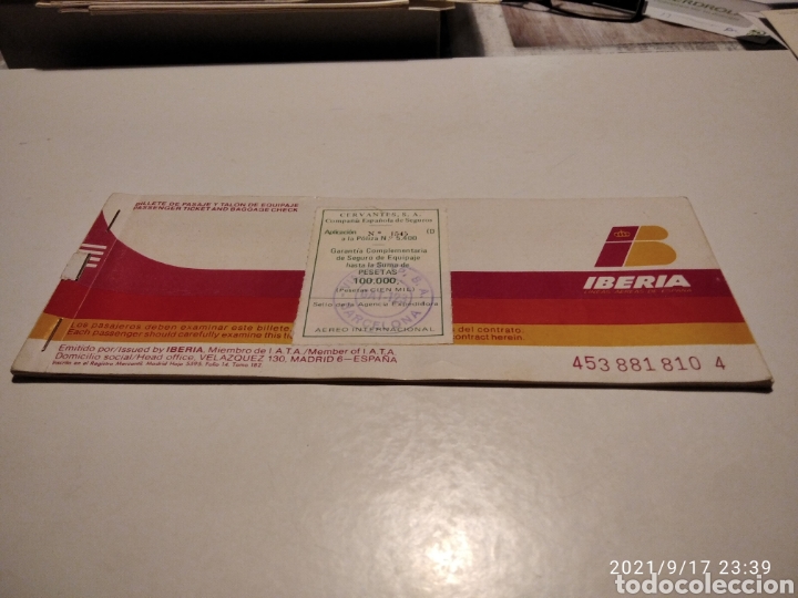Colecionismos Bilhetes de Transporte: Pasaje avi&oacute;n Iberia, etiqueta CERVANTES S. A. seguro de equipaje