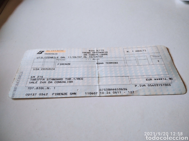 Collectionnisme Billets de transport: Billete tren Firenze-Roma