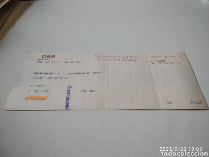 Collectionnisme Billets de transport: Billete de tren Alem&aacute;n Bregenz-Innsbruck