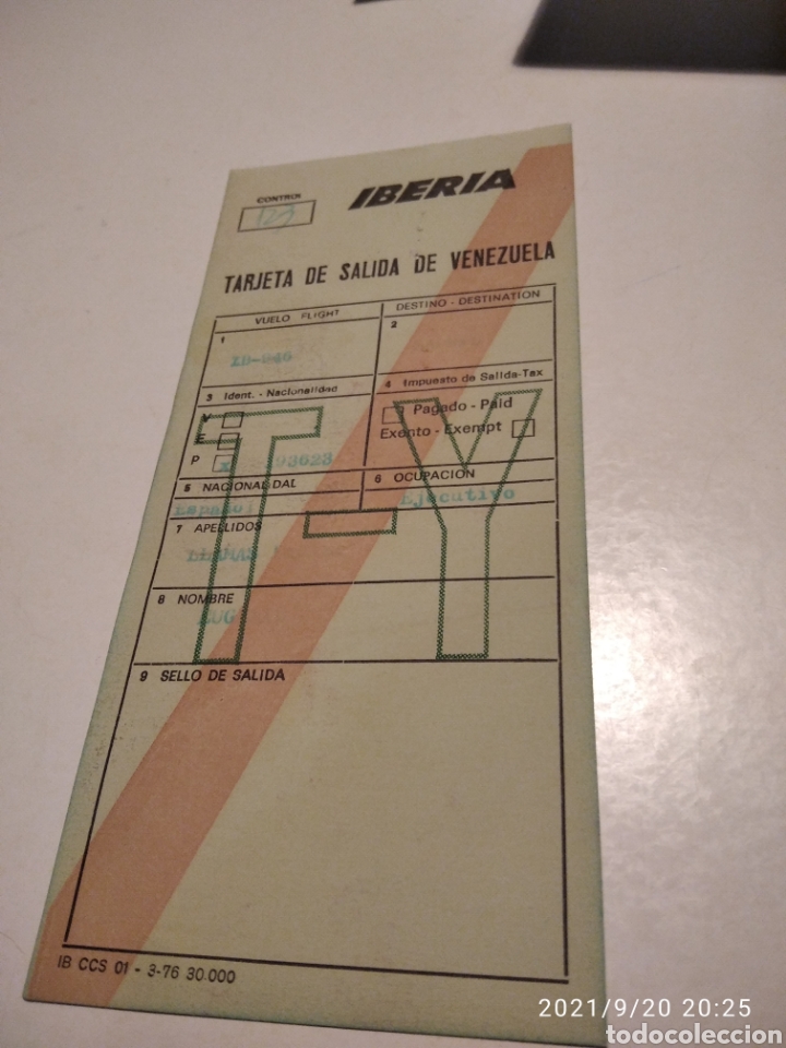 Collectionnisme Billets de transport: Tarjeta control Iberia, salida de Venezuela