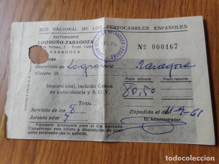 Collectionnisme Billets de transport: ANTIGUO BILLETE.RENFE.ESTACION AUTOBUSES LOGRO&Ntilde;O-ZARAGOZA.1961