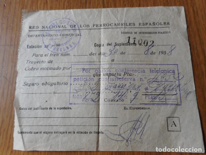 Collectionnisme Billets de transport: ANTIGUO RECIBO.RENFE.GASTOS CONFERENCIA TELEFONICA.OFICINA VIAJES BARCELONA 1958