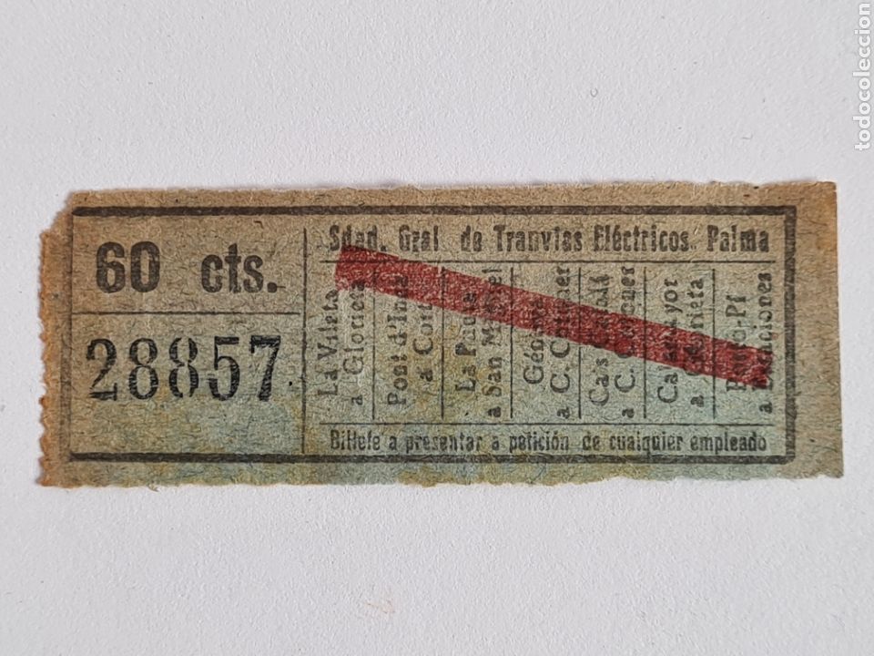 Collectionnisme Billets de transport: Billete Sociedad General de Tranv&iacute;as El&eacute;ctricos Palma Mallorca - 60 C&eacute;ntimos