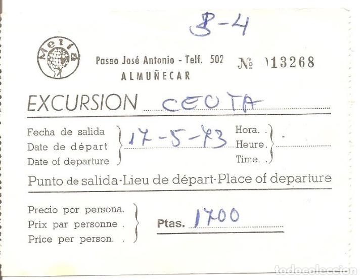 Colecionismos Bilhetes de Transporte: BILLETE, VIAJES MELI&Aacute;-ALMU&Ntilde;&Eacute;CAR, EXCURSI&Oacute;N A CEUTA, 1973