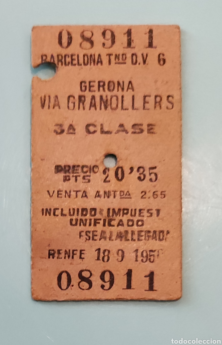 Colecionismos Bilhetes de Transporte: Billete BARCELONA TERMINO GERONA V&Iacute;A GRANOLLERS. A&Ntilde;OS.50