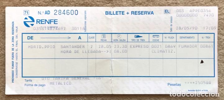 Collectables Transport Tickets: Renfe - Billete de tren ferrocarril Expreso (Madrid, Pr&iacute;ncipe P&iacute;o - Santander - A&ntilde;o 1990