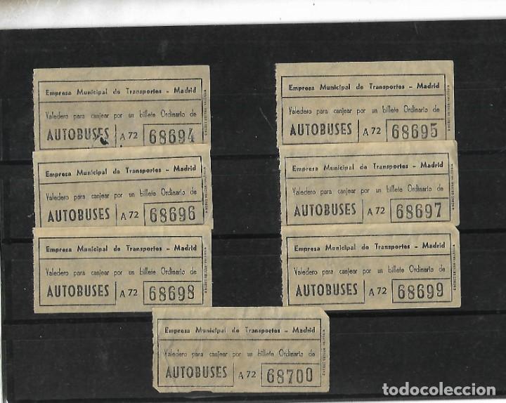 Collectionnisme Billets de transport: ER- 7 BILLETES CANJEABLES -A 72 - POR BILLETES ORDINARIOS EMPRESA MUNICIPAL TRANSPORTES DE MADRID