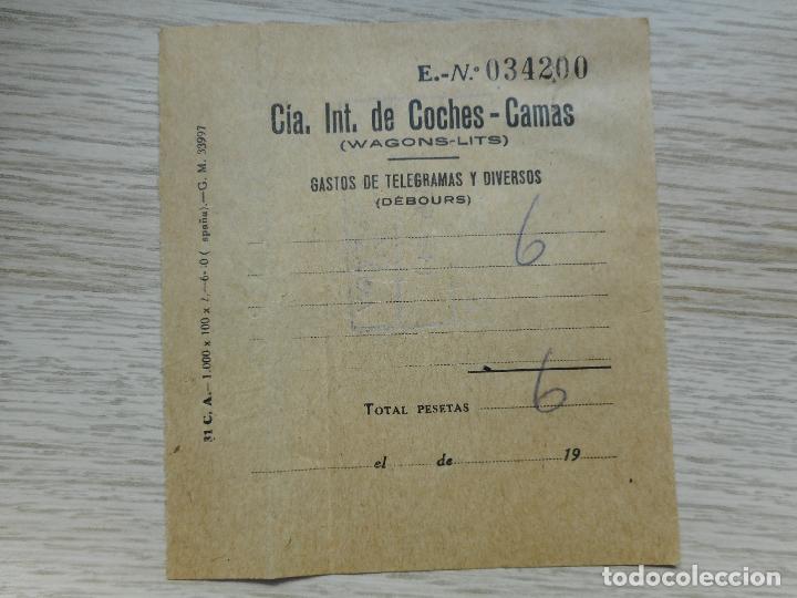 Collectables Transport Tickets: ANTIGUO RECIBO.COMPA&Ntilde;IA COCHES CAMAS WAGONS LITS. GASTOS DE TELEGRAMAS Y DIVERSOS.DEBOURS