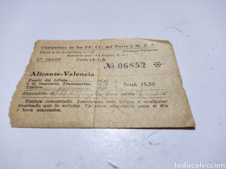Collectables Transport Tickets: Ticket compa&ntilde;&iacute;a de ferrocarriles Alicante-Valencia