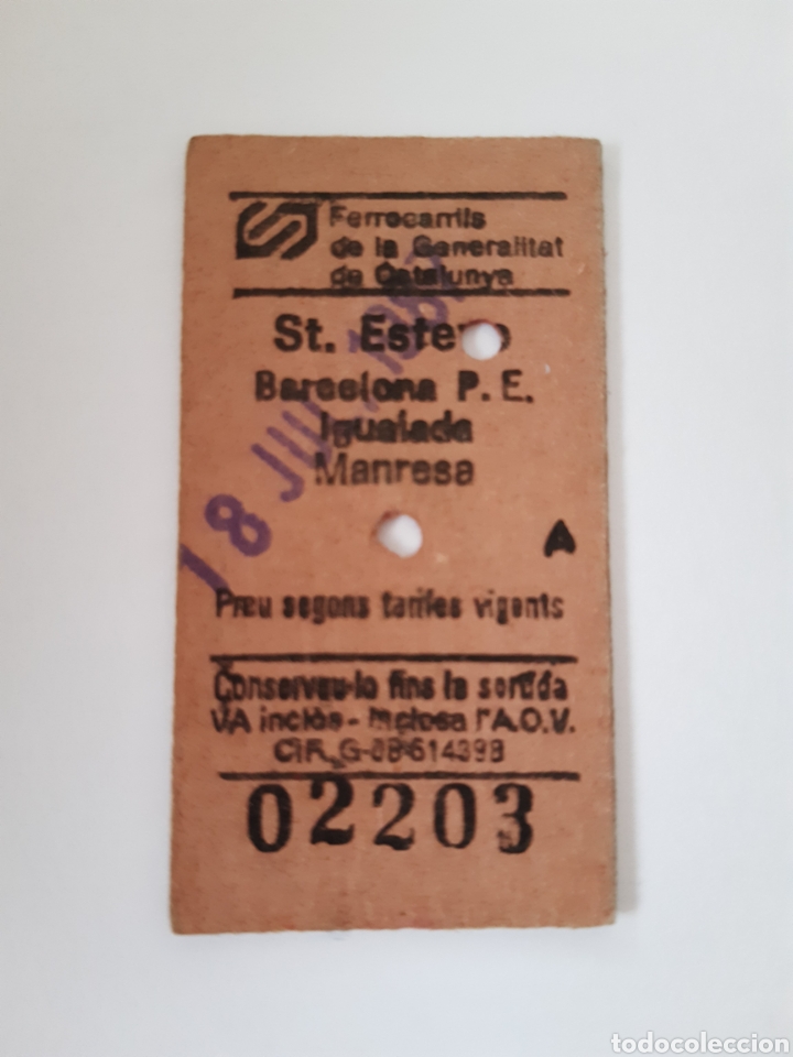 Collectionnisme Billets de transport: Billete Ferrocarriles Catalanes (FGC) 18/7/1987. St.Esteve Sesrovires-Igualada