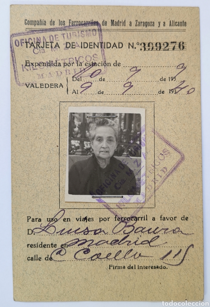 Colecionismos Bilhetes de Transporte: Carnet Tarjeta de Identidad Compa&ntilde;&iacute;a de Ferrocarriles de Madrid a Zaragoza y Alicante Tren- A&ntilde;o 1939