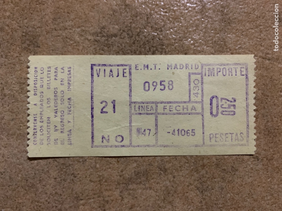 Collectionnisme Billets de transport: Billete Autob&uacute;s \ EMT \ Empresa Municipal Transportes \ Madrid \ L&iacute;nea 47 \ 1965