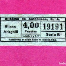 Coleccionismo Billetes de transporte: BILLETE DE BILBAINA DE AUTOBUSES 4 PTAS.RECORRIDO BILBAO-ARIZGOITI AÑOS 60 CAPICUA. Lote 312822948