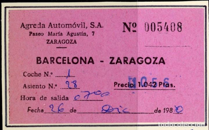 Collectionnisme Billets de transport: BILLETE DE AGREDA AUTOMOVILES // BARCELONA - ZARAGOZA / A&Ntilde;O 1980 / (S32))